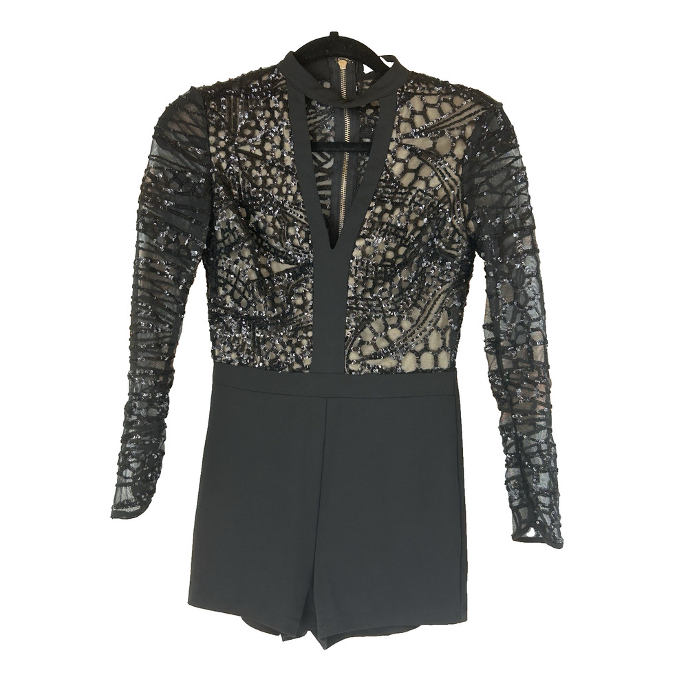 Agaci Romper Womens Med-Lg Black Sequin‎ Net Top Long Sleeve Back Zipper